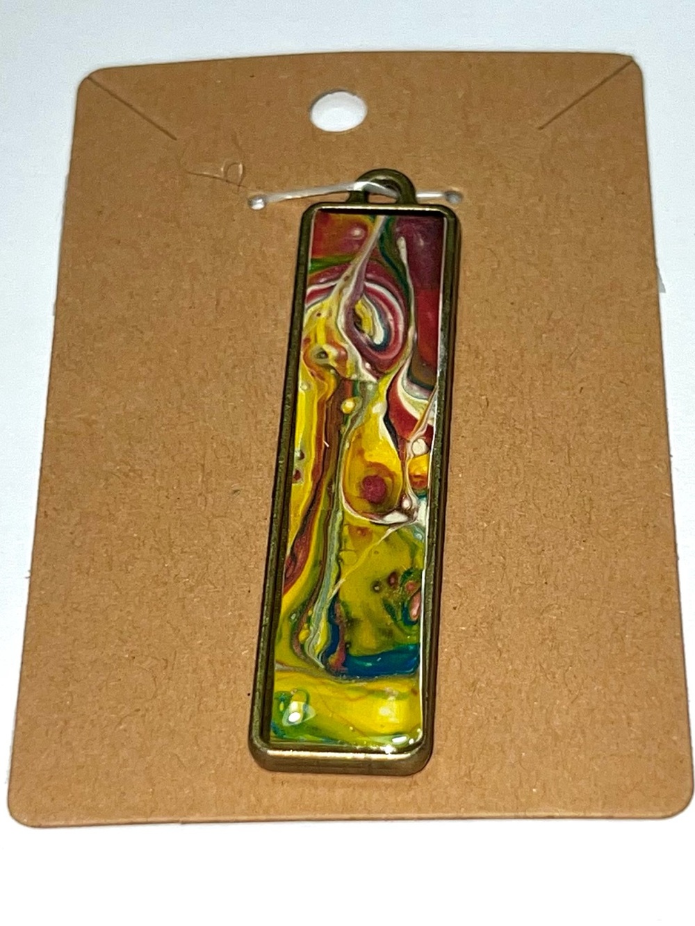 Handmade Abstract Multicolor Poured Paint Rectangular Pendant NEW